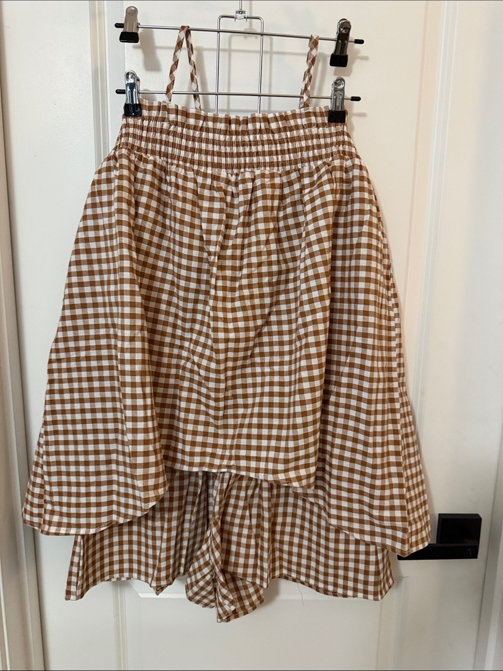 SHEIN Brown and White Gingham High-Low Midi Skirt